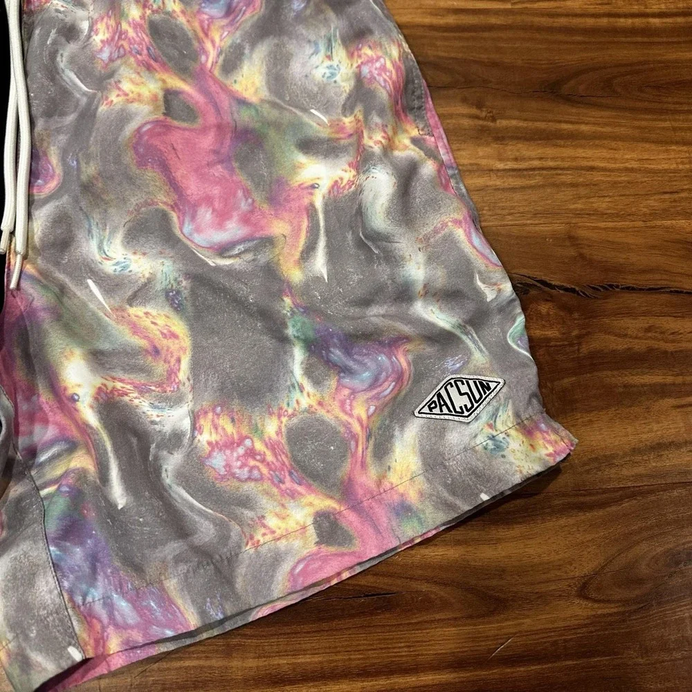 PacSun Shorts Mens Small Black Tie Dye Swim Trunks Lined Pockets Elastic Waist